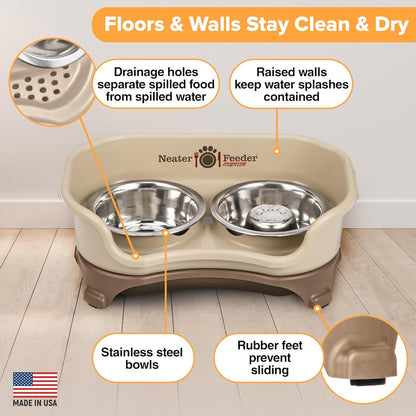 Neater Feeder Express Mess Proof Dog Bowls Elevated for Small Breeds Under 15 Lb, Made in USA, No Spill Raised Dog Food Bowl Stand, Stainless Steel Slow Feed and Standard Water Bowl Set, Cappuccino