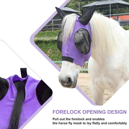 Stretchy Horse Fly Mask for Horses, Soft Lycra Equine Mesh Mask, Elasticity Horse Face Covering, Breathable&UV Protection, Violet, Full