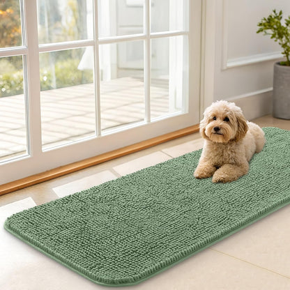 OLANLY Dog Door Mat for Muddy Paws 47x17, Absorbs Moisture and Dirt, Absorbent Non-Slip Washable Doormat, Quick Dry Chenille Mud Mat, Entry Indoor Entryway Carpet for Inside Floor, Olive Green