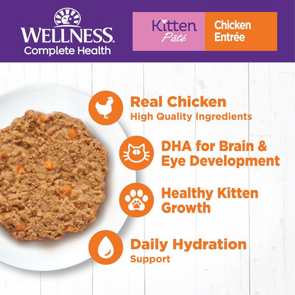 Wellness Complete Health Pate Kitten Wet Cat Food, Natural, Protein-Rich, Grain Free, 5.5 Ounce, 24 Pack, (Chicken)