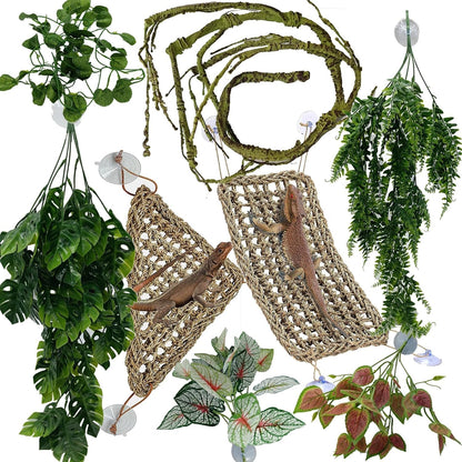 Reptile Plants for Bearded Dragon Tank Accessories, Terrarium Plant Artificial Decor for Snake Cage, Fake Plant for Leopard Gecko Habitat, Lizard Chameleon Ball Pythons (Group GN)