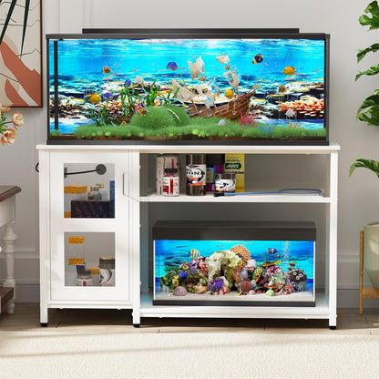 55-75 Gallon Fish Tank Stand with Cabinet, Aquarium Stand for Fish Tank Accessories Storage, Heavy Duty Metal Terrarium Stand, 52" L*19" W Tabletop, 1200LBS Capacity, White