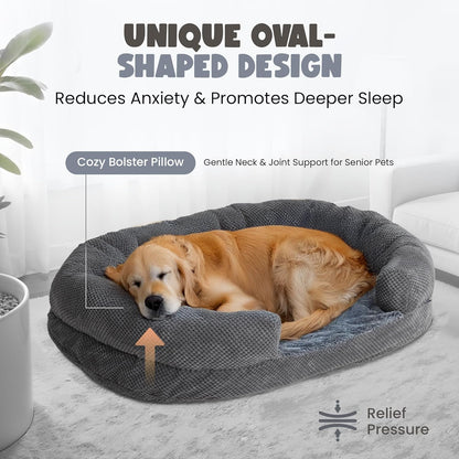 XL Orthopedic Dog Bed, 52"x40" Extra-Thick 4.7" Egg Crate Foam Couch for Extra Large Dogs, Washable Bolster Sofa Bed, Calming Plush Cover, Round Support Pad, Giant Dog Bed with Removable Cover