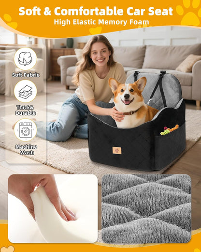 Car Seat Booster for Dog: High-Support Memory Foam Pet Car Seat for Small/Medium Dogs Under 35lbs with Elevated Cushion, Pockets - Detachable Washable Puppy Travel Bed for Driving(Black/Grey)