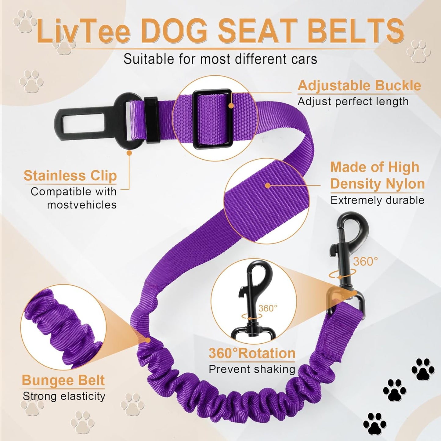 LivTee Dog Seat Belt for Car, Retractable Pet Safety Harness, Adjustable Nylon Dog Seatbelt Leash, Comfortable Dog Accessories for Vehicles (Purple-2PCS)