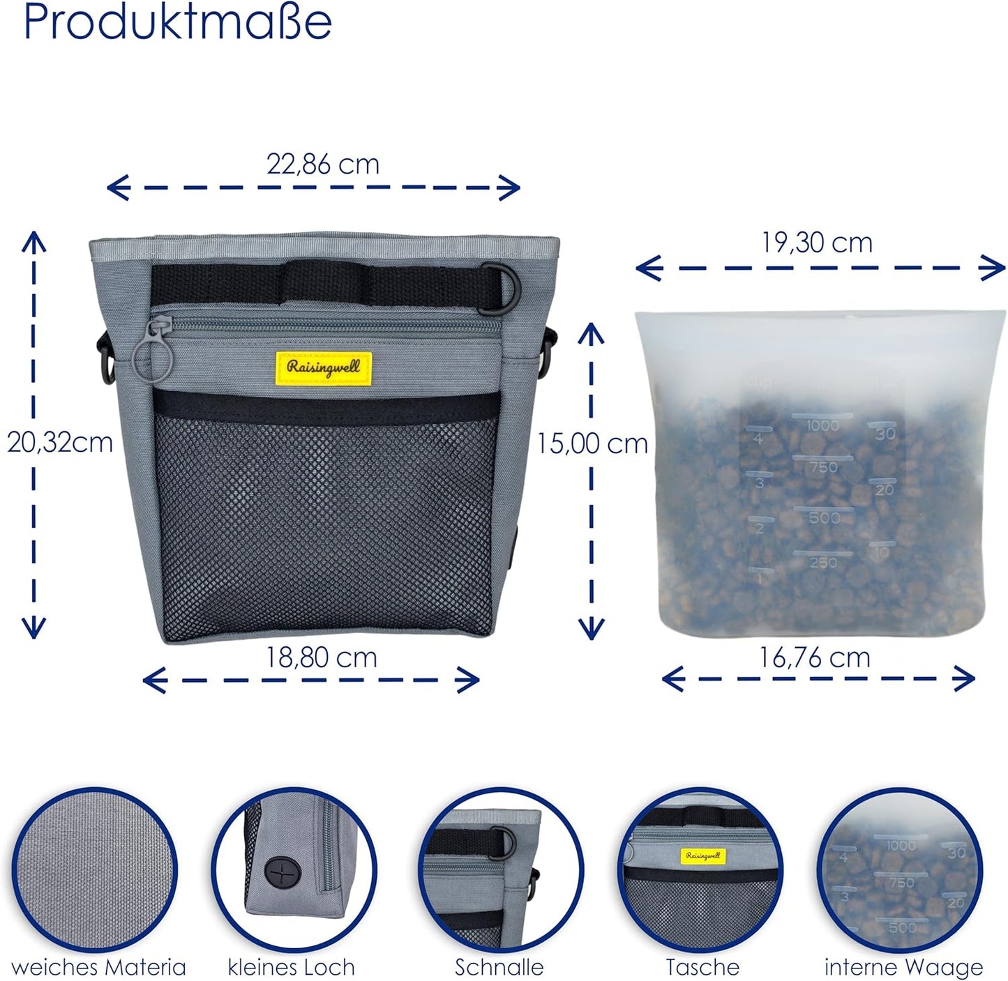 Dog Treat Pouch with Magnetic Closure 4-Cup Silicone Bag Fanny Pack Holder with Clicker 4 Ways to Wear Front Pocket Fits All Phones Ideal for Leash, Pet Walking and Training（Gray）