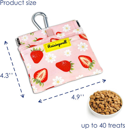 Dog Treat Pouch,Cotton Pocket Sized Training Holder, Hand Free Walking Funny Bag with Carabiner, Self-Closing Pet Feed Snack Reward, Behavior Aids for Puppy Travel or Outdoor Use（Strawberry）