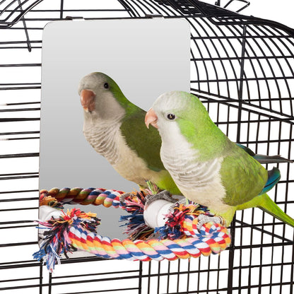 Colorday 7" Bird Mirror with Rope Perch, Bird Swing, Parrot Cage Toys for Parakeet African Grey Conure Cockatiel Lovebird Finch Canarie, Medium