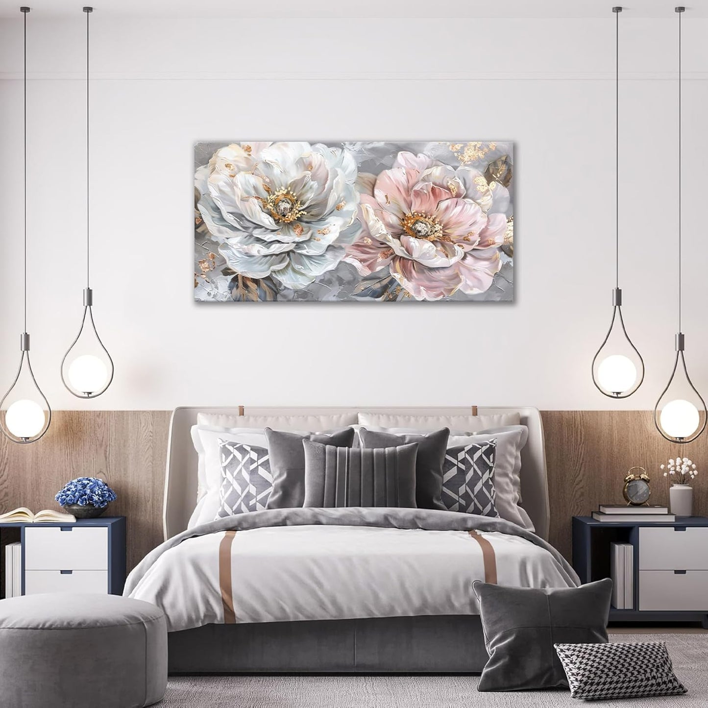 Extra Large Flower Wall Art Pink and White Floral Canvas Living Room Golden Pictures Framed Prints Oversize Wall Decor Big Painting Artwork for Bedroom Dining Office Home 60"x30"