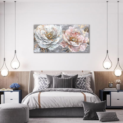 Extra Large Flower Wall Art Pink and White Floral Canvas Living Room Golden Pictures Framed Prints Oversize Wall Decor Big Painting Artwork for Bedroom Dining Office Home 60"x30"