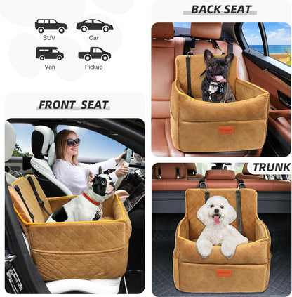 Dog Car Seat for Small Medium Dogs, Memory Foam Dog Booster Seats with Thick Cushion for Dogs Under 35lbs, Detachable Washable Pet Car Seat Travel Bed with Storage Pockets,2 Safety Belt
