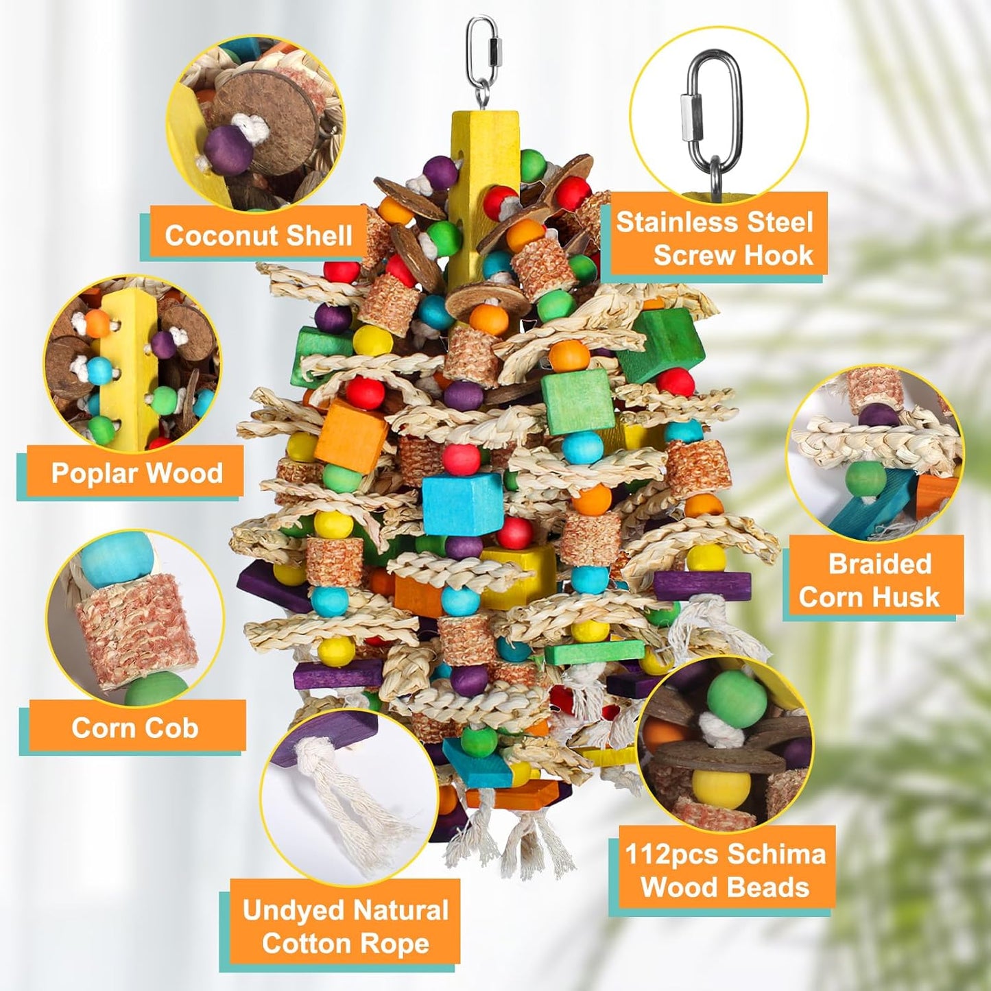 Medium Large Parrot Toys 20in Chewable Bird Toy with Coconut Shell, Poplar Wood, Corn Cob, 112 Schima Wood Beads Bird Shredding Toys Parakeet Macaw Cockatiel Conure African Grey Parrot Gifts