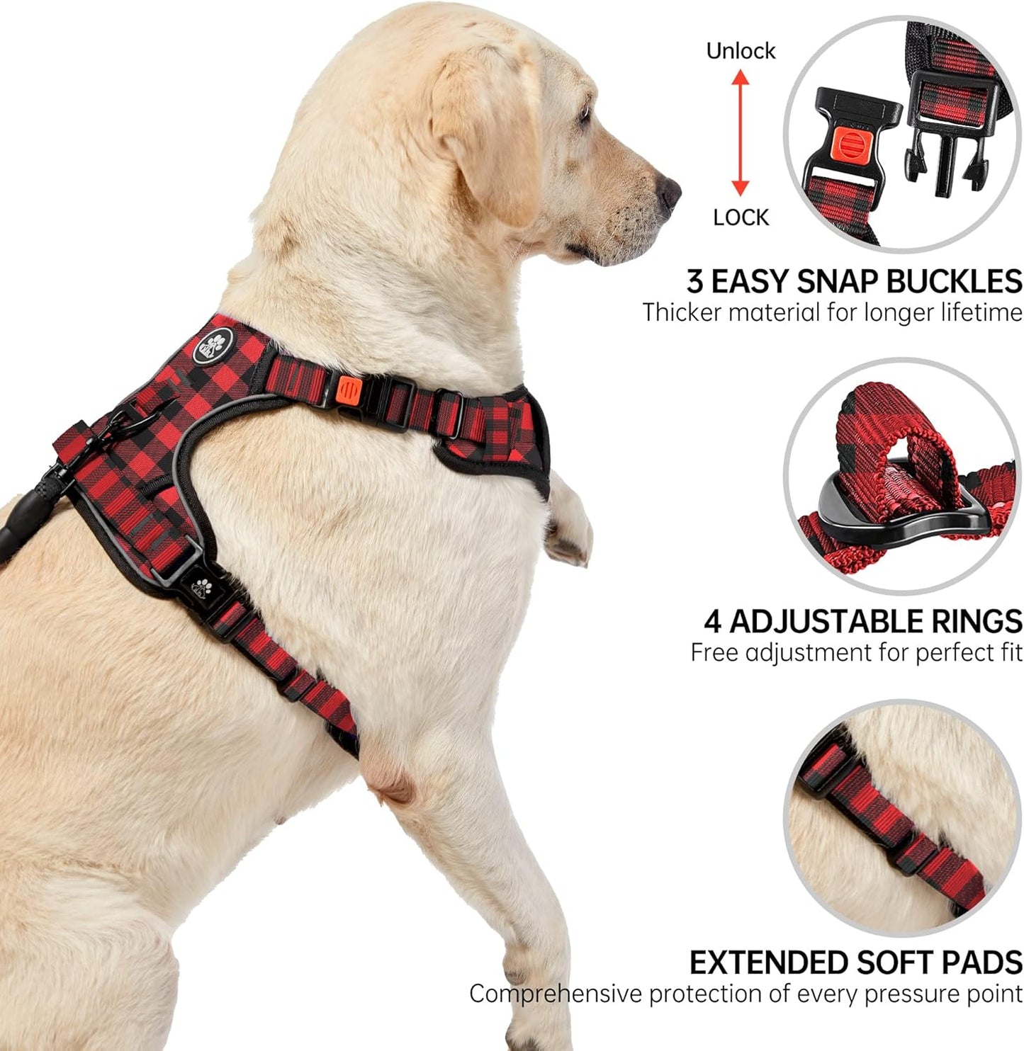 NESTROAD No Pull Dog Harness with Leash, Reflective No Choke Pet Vest Harness,Adjustable Soft Padded Dog Harness with Easy Control Handle for Medium Dogs(Checkered Red,Medium)