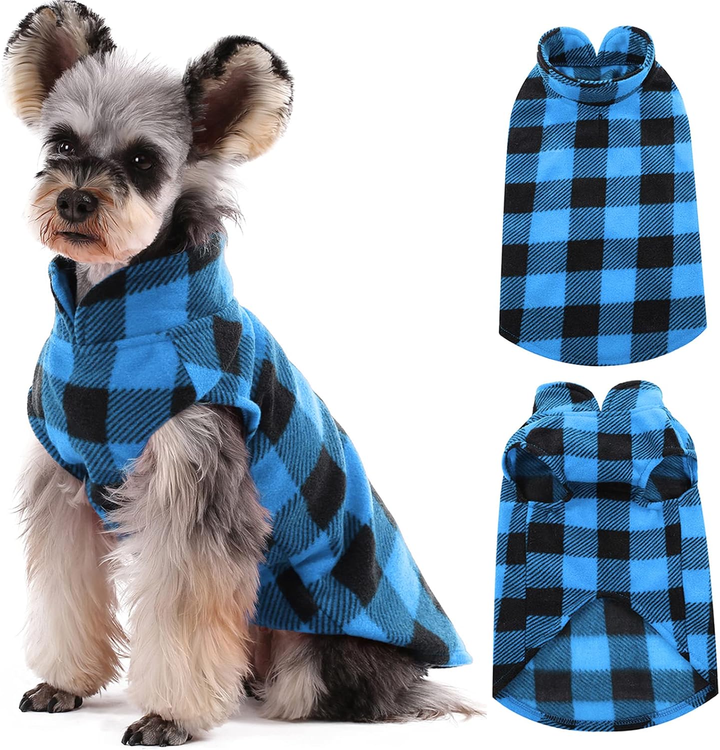 Kuoser Dog Fleece Vest,Warm Plaid Dog Sweater with Leash Hole,Soft Turtleneck Winter Pet Jacket Dogs Coat Pullover Clothes for Small Medium Dogs Cats,Spring Fall Cold Weather Christmas Outfit,Blue M