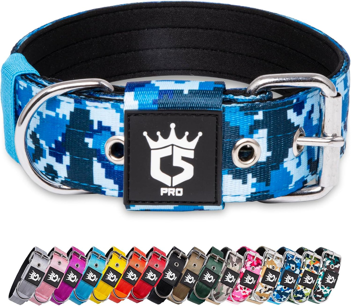 TSPRO Tactical Dog Collar 1.5 Inch Wide Thick Dog Collars with Heavy Duty Metal Buckle, Durable, Strong, Adjustable for Medium to Large Dogs (Camo Blue L)