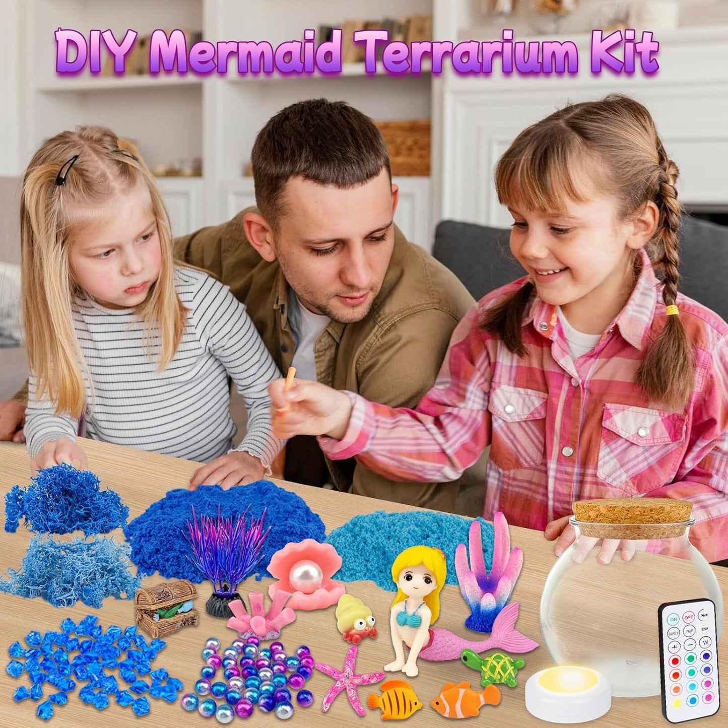 Mermaid Terrarium Craft Kit for Kids - LED Night Light Up & Remote Mermaid Birthday Gifts Toys for Girls Age 5 6 7 8 9 10 11 12 Year Old