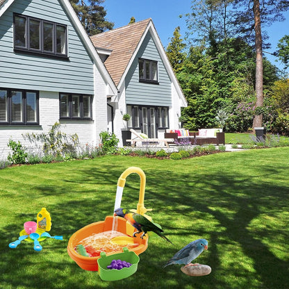 Parrot Bath Shower, Bird Bath for Cage, Automatic Bird Bathtub Pet Bath Pool with Faucet, Bird Fountain Swimming Pool Toy Bath Shower Water Dispenser for Ferret, Love Bird, Goldfinch (Orange)