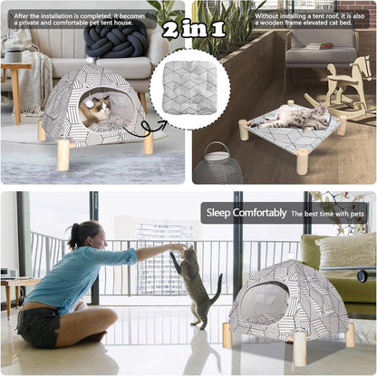 2-in-1 Elevated Cat Tent Cat House, Quick Assembly and Disassembly, Portable Indoor/Outdoor Cute Cat Bed Cave-White Diamond Pattern