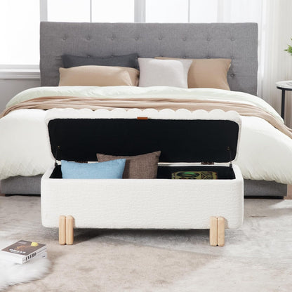 Wavy Ottoman Storage Bench Multi-Functional Narrow Entryway Bench Elegant End of Bed Bench with Storage and Safty Hinge for Living Room Entryway Hallway Bedroom Boutique, White