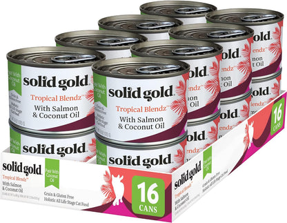 Solid Gold Tropical Blendz Salmon Pate in Coconut Oil - Nutrient-Rich Wet Cat Food for All Life Stages, 16 Pack