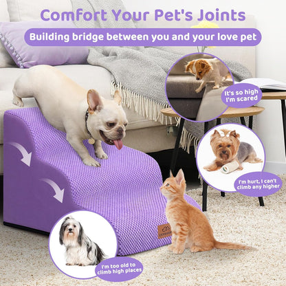 Dog Ramp and Stair for Bed 16" H-20 H,3-Step Cat Stair for Sofa and Chair,4-Step Dog Ramp for High Bed and Window,Durable Nonslip Fabric Stair for Indoor (Purple-16 H, Pet Friendly, 3)
