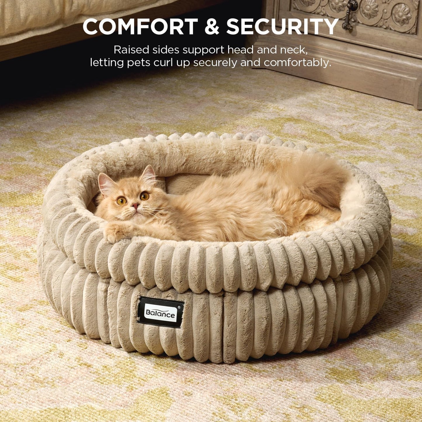 BALANCE Cat Bed Kitten Bed, Washable Round Cat Beds for Indoor Cats,Super Soft Plush Faux Fur Pet Bed for Puppy and Kitten with Anti-Slip Bottom