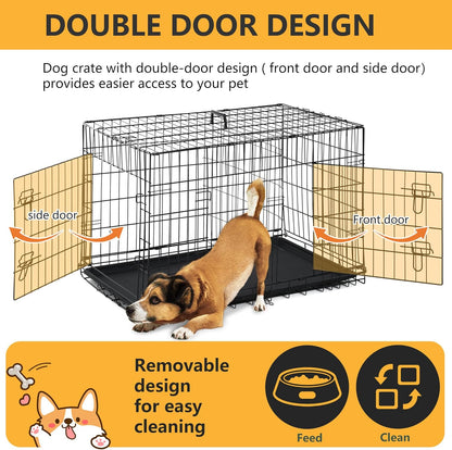 FDW Dog Crate Dog Kennel Cage with Double Door,36 inch Folding Metal Wire Dog Cage with Removable Tray&Divider Panel,Pet Crate for Medium Dogs,Black