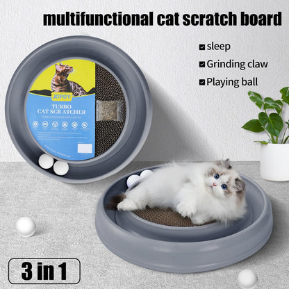 Interactive Cat Scratcher with Two Rotating Balls,Durable Scratch Pad for Indoor Play,Cardboard Cat Scratcher Pad with Cat Toy Ball Track and Catnip,2-in-1 Cat Toy (Grey)