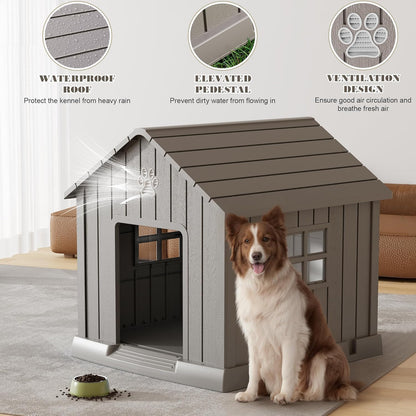 Large Dog House Outdoor Indoor for Medium Large Dogs, Durable Plastic Waterproof Doghouse with Air Vents and Elevated Floor, Easy Clean and Assemble (Grey, 37.2" L x 40" W x 40" H)
