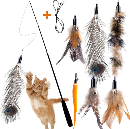 Retractable Cat Wand Toys - Interactive Feather Wand with Bell for Indoor/Outdoor Cats, 8 Pack