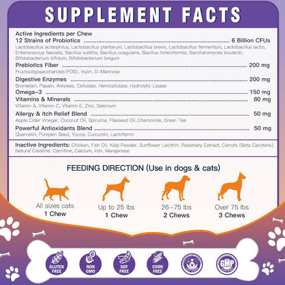 Probiotics for Dogs, Freeze-Dried Dog Probiotics and Digestive Enzymes, Plus Omega-3 for Itchy Skin, 3-in-1 Prebiotics for Digestive Health, Dog Vitamins and Supplements for Immune Health, 120 Bites