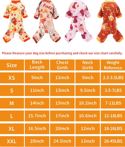 PET SHOW 4 Pack Fall Small Dog Pajamas Thanksgiving Clothes for Medium Dogs Girl Boy Soft Stretchy PJs Autumn Jumpsuit Puppy Onesies Outfits with Sleeve Pets Dachshund Costume XXL