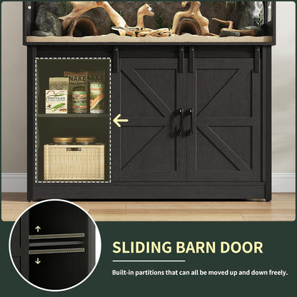 60 Gallon Reptile Terrarium with Stand, Terrarium Enclosure with Acrylic Doors, Storage Cabinet with Barn Door, Mesh Lid & Power Outlet – Vivarium Habitat for Medium Reptiles Black PX05RTB