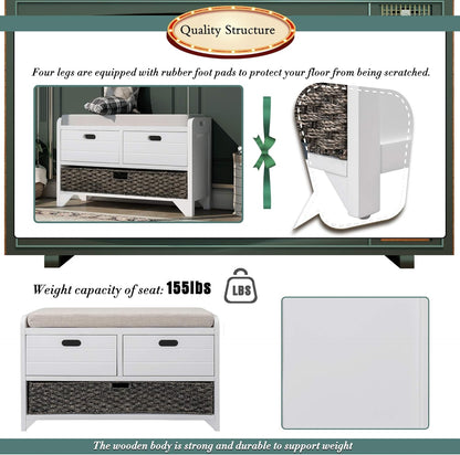 Storage Bench Removable Basket 2 Drawers Fully Assembled Acacia Wood Shoe Bench Standing Shoe Rack Removable Cushion for Living Room, Entrance Hallway, No Assembly Required White