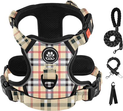 IVY&LANE No Pull Dog Harness with Leash Set, Reflective No Choke Pet Vest,Adjustable Oxford Dog Vest Harness with Easy Control Handle for Large Dogs (Checkered Beige,L)