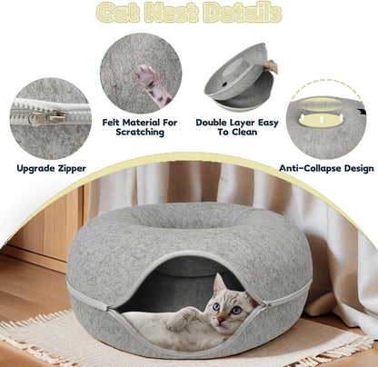Donut Cat Tunnel Bed Peekaboo Cat Cave for Large Cats Up to 30 Lbs, Kitty Interactive Playing Tent House for Multiple Cats,Detachable,Scratch Resistant (Light Gray, Medium - 20 Inch Diameter)