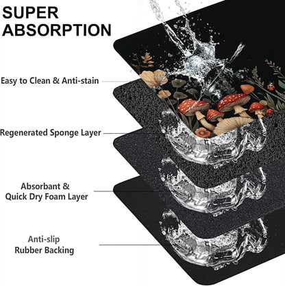 Vintage Mushroom Flower Pet Cat Dog Food Mat-Absorbent Quick Dry Feeding Placemat for Water and Food, No Stains Rubber Base Mat for Indoor Use, Pet Accessories 16"x24"
