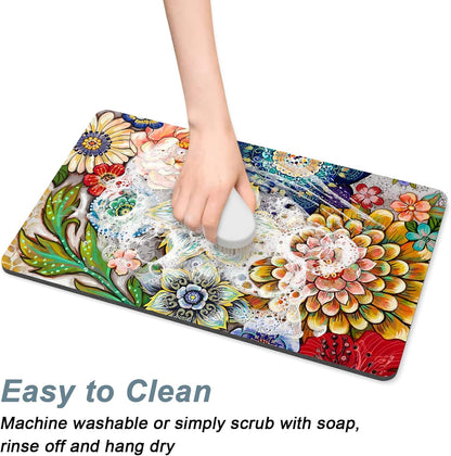 Rnivvi Dog Food Mat, 16" x 24" Flower Absorbent Dog Cat Bowl Mat for Food and Water, Cute Anti-Slip Rubber Pet Feeding Rug Protect Floors, Puppy Placemat for Feeding & Watering Supplies,Mandala Floral