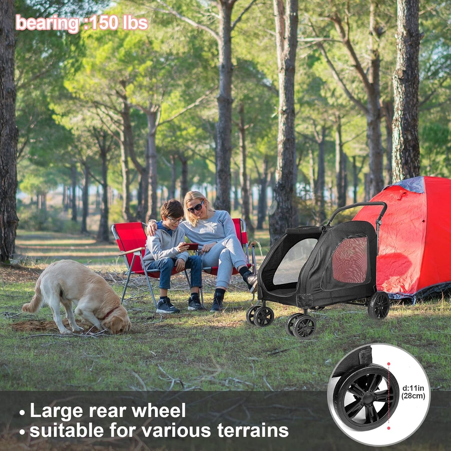 Large Dog Travel Stroller with 4 Heavy Duty Wheels Pet Stroller with Adjustable Handle - Double Doggie Capacity Jogger Wagon with Back Front Door for Small Medium Large Dogs (Black 1)