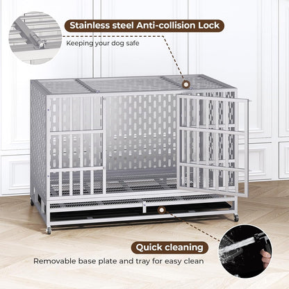 48 Inch Heavy Duty Indestructible Dog Crate Steel Escape Proof, Indoor Double Door High Anxiety Cage, Kennel with Wheels, Removable Tray,Silver,Extra Large XL XXL