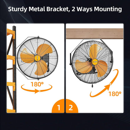 20 Inch Industrial Wall Mount Fan, 4850 CFM High Velocity Metal Wall Fan, 3 Speed, Adjustable Tilt, Commercial Use for Garage, Gym, Covered Patio, Workshop, Greenhouse - UL Listed