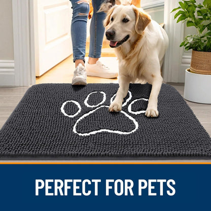 OLANLY Door Mat for Muddy Dog Paws 70x24, Ultra Absorbent Chenille Mud Doormat with Paw Print Design, Non-Slip Washable Doormat for Indoor Entryway, Quick-Dry Pet Bed Mats for Dirty Dogs, Dark Grey