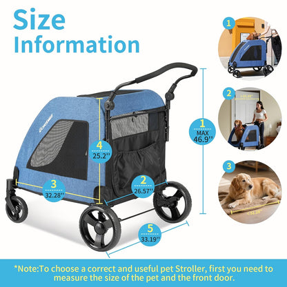 EchoSmile Heavy-Duty Large Dog Stroller with Shock-Absorbing Wheels, Foldable Pet Travel Carrier for Medium & Large Dogs, 5 Mesh Windows, 160 lbs Capacity, Easy Assembly & Storage