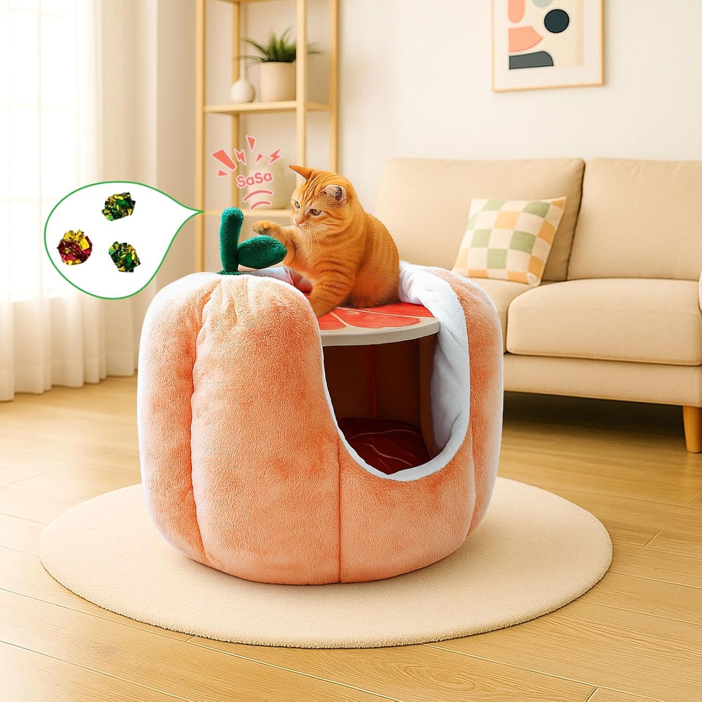 Cat Houses for Indoor Cats, Small Cat Tree with Sisal Ropes and Plush Perch, Cute Cat Bed Cave with Soft Pillow, Grapefruit Design