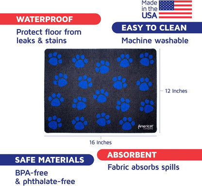 Americat Cat Feeding Mat Machine Washable, Waterproof, No-Slip Cat Placemat Protect Floors from Messy Eaters & Drinkers 16 x 12 Inches (Paw Prints)