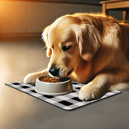 Lunarable Plaid Pet Mat for Food and Water, Monochrome Traditional Lumberjack Pattern Repating Checkered Squares Design, Non-Slip Rubber Mat for Dogs and Cats, 18" X 12", Grey Black