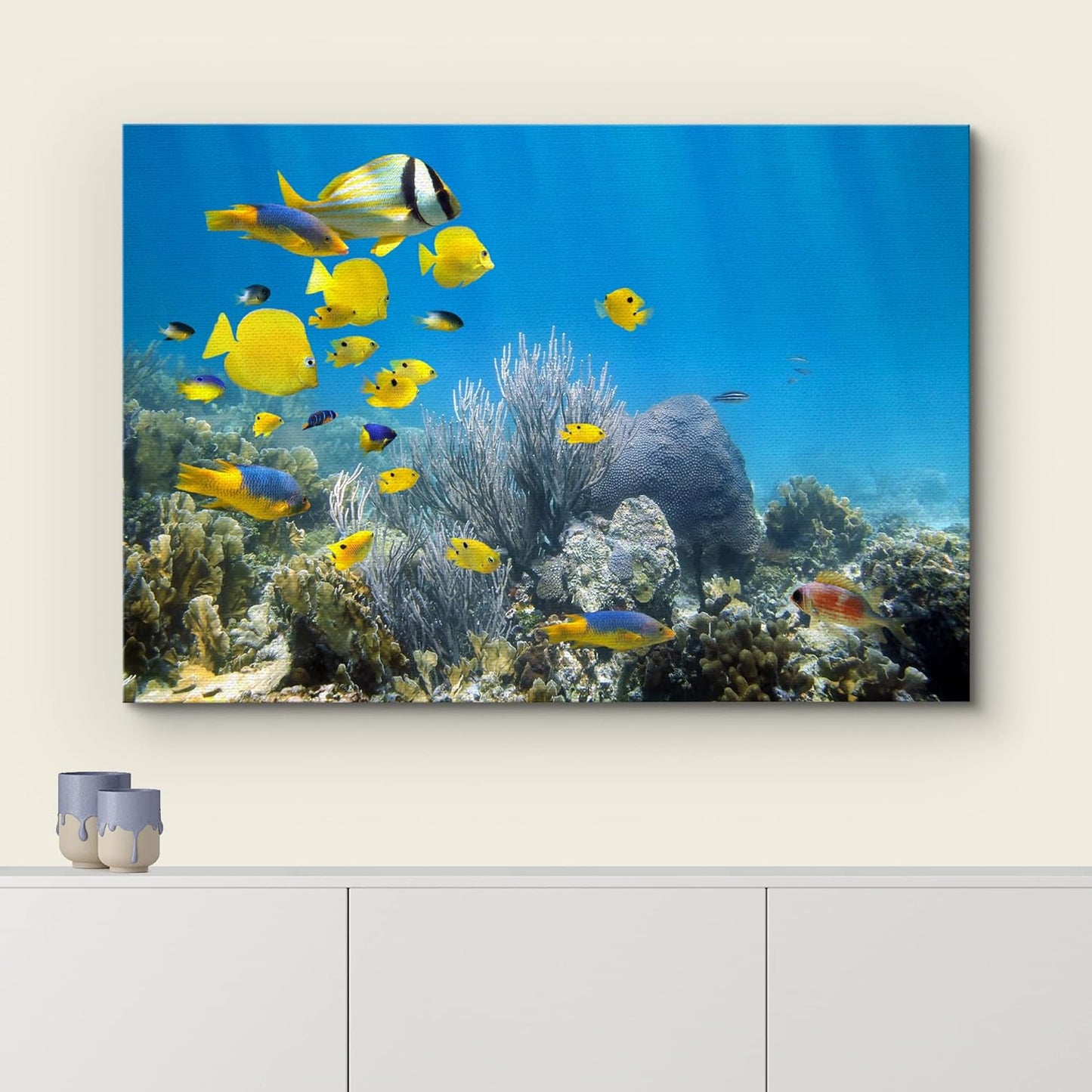 wall26 Canvas Print Wall Art Yellow School of Fish with Blue Coral Reef Nature Ocean Photography Realism Nautical Scenic Relax/Calm Multicolor Ultra for Living Room, Bedroom, Office - 12"x18"
