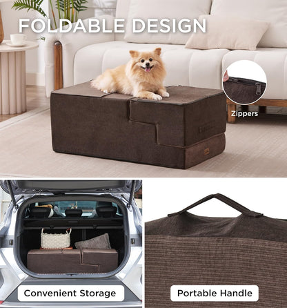 Made4Pets Dog Steps for Bed, Extra Wide Dog Stairs for High Bed Couch Sofa, 35D Foam Pet Steps for Small Dogs and Cats, Non-Slip Bottom Pet Stairs, Brown, 4 Steps