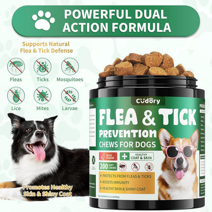 Flea and Tick Prevention for Dogs Chews – 200 Soft Chews, Dog Flea Chewables with Skin & Coat Support – Oral Supplement for All Breeds & Ages – Natural Duck Flavor