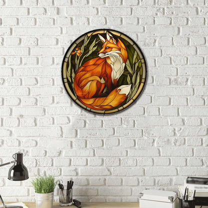 Lygond Metal Sign Tin Sign Circular Stained Glass Red Fox Sign Garden Outside for Patio 12×12 Inches